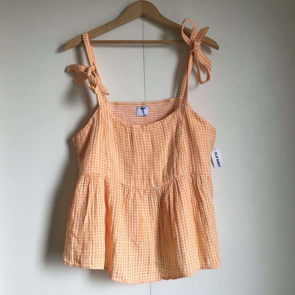 Old Navy NWT 100% Cotton Orange Gingham Smocked Tie Shoulder Tank Large - Picture 3 of 16
